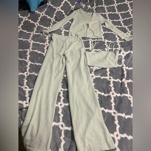 Sage green cardigan set crop top pants SZ XS cami